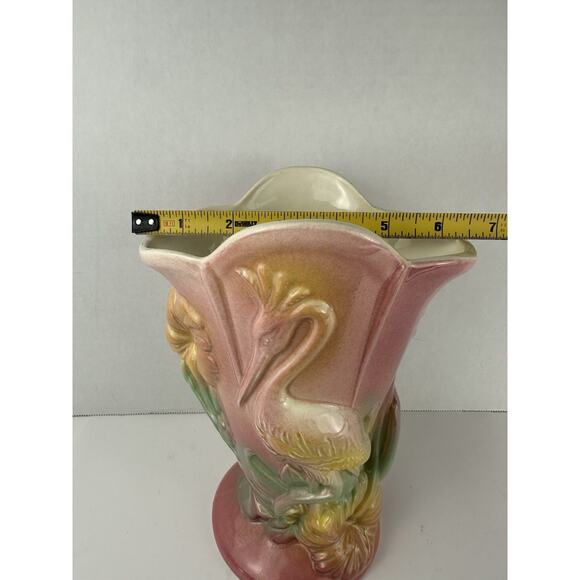 VTG Hull Pink/Yellow 9" Pottery USA 85 Bird Crane Hibiscus Flower Vase - Picture 4 of 7